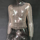 Pearl rhinestone studded sheer mesh see through T-shirt top: White / M