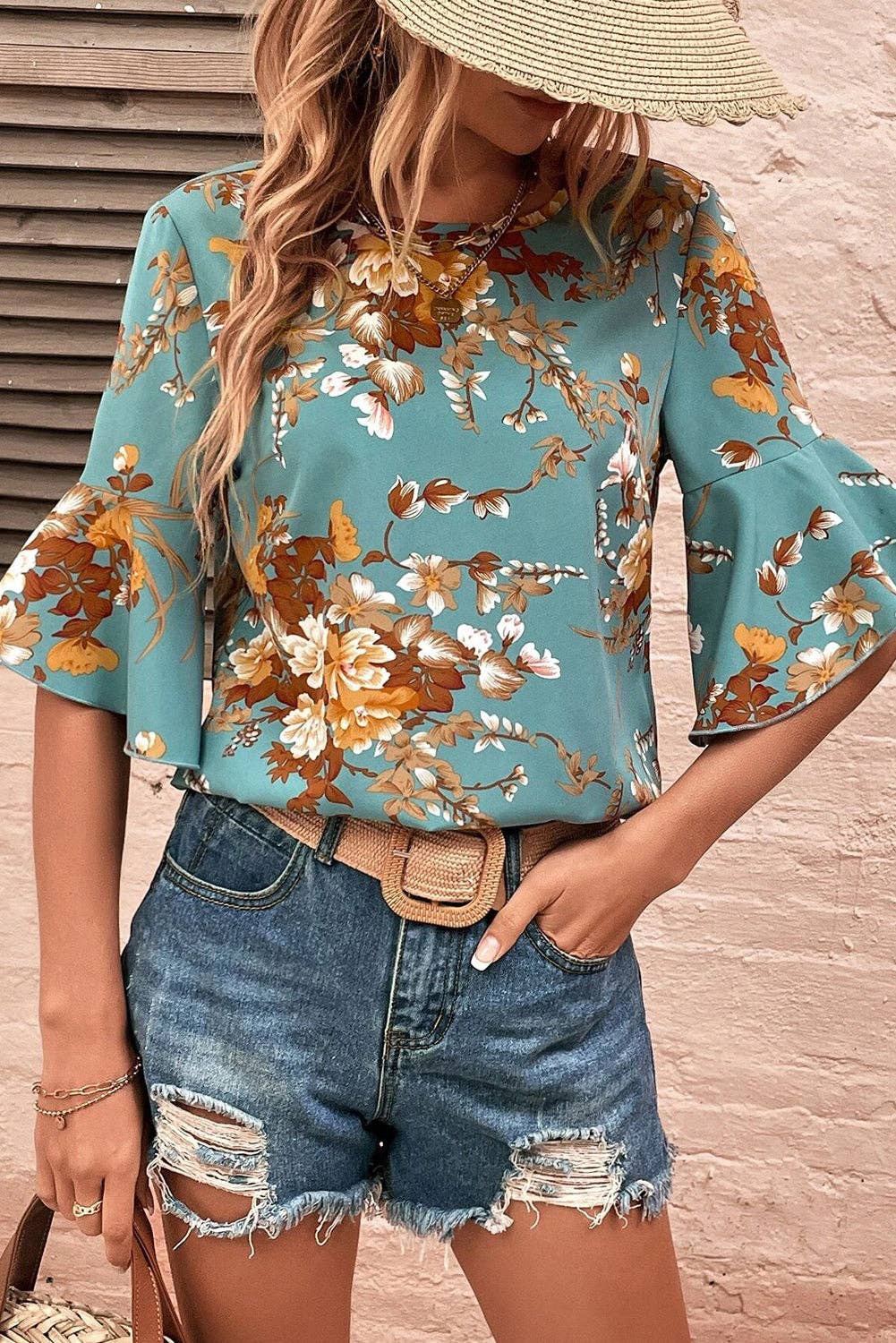 Floral Flare Sleeve Blouse: Mineral Blue / S