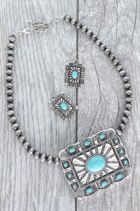 Turquoise Semi Stone Rectangle Concho Beaded Necklace Set