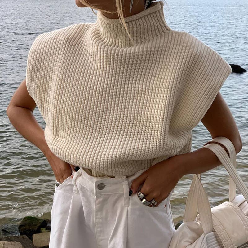 Turtleneck knit vest short sweater vest: Brown