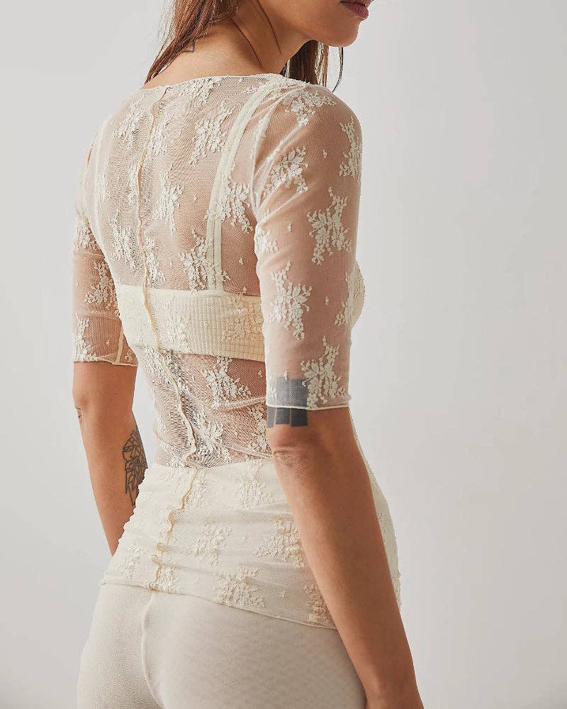 Ladies Lux Floral See Through Lace Mid Sleeves Blouse SKT273: White / M