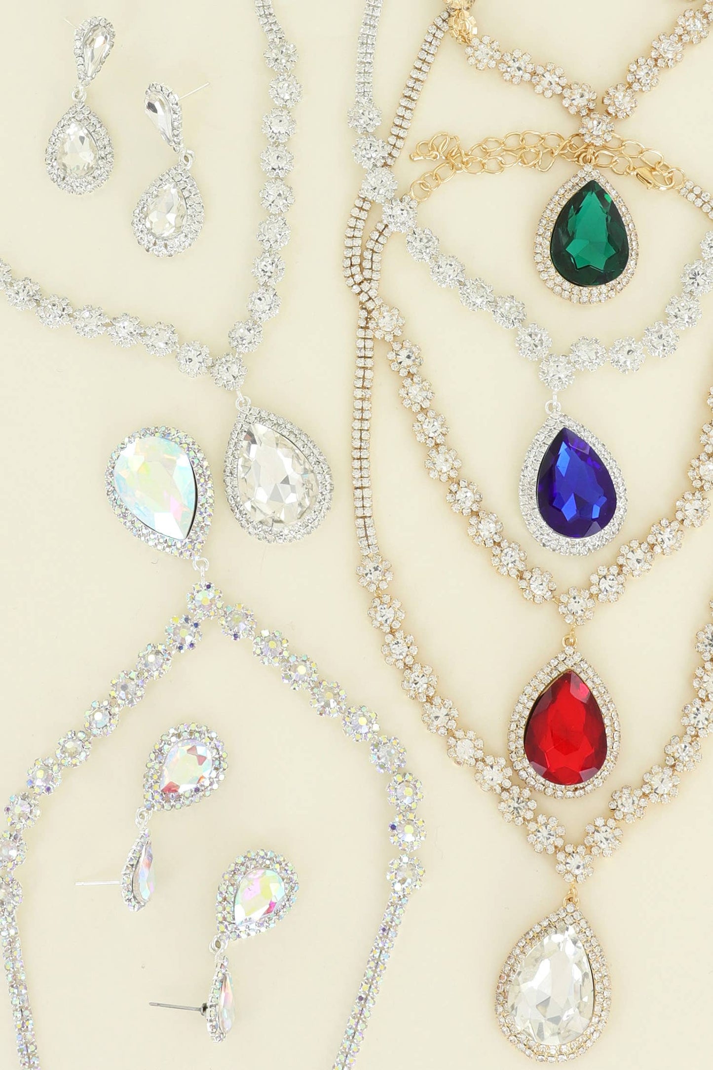 Large Rhinestone Teardrop Pendant Necklace & Earring Set: Gold Iridescent