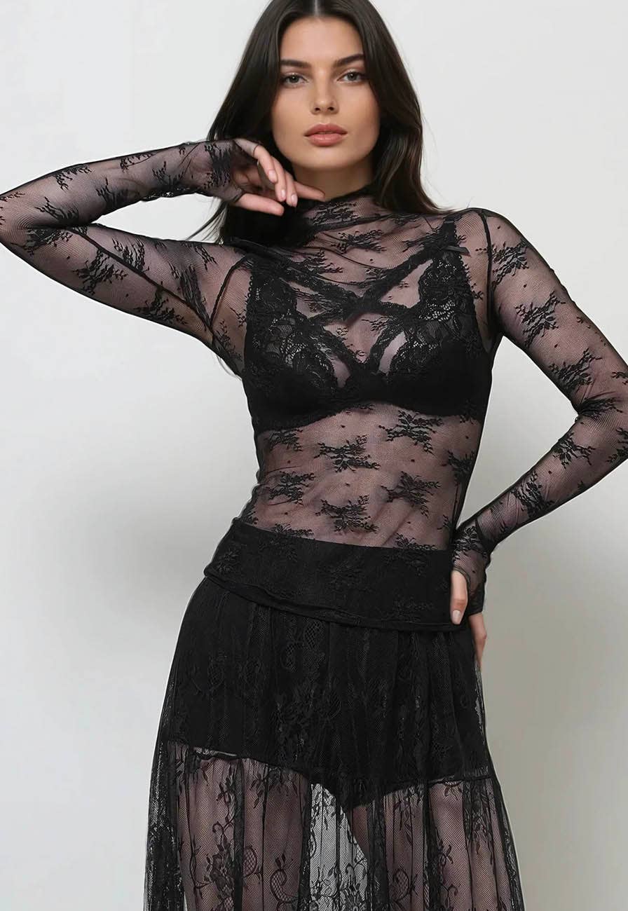 Lux Layering Floral Lace See Through Mesh Top Blouse (Lime Green)