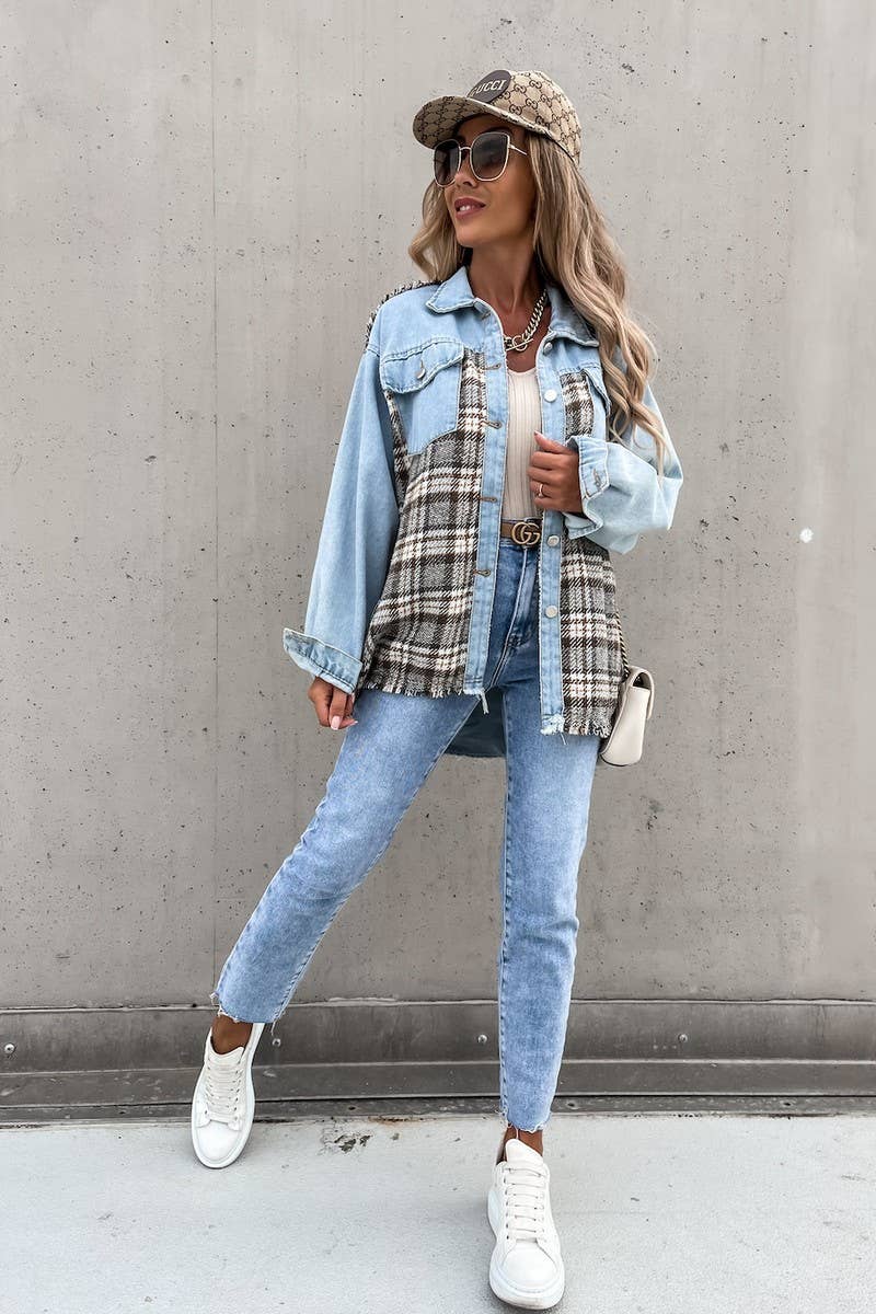 WOMEN DENIM PATCHWORK PLAID JACKET_CWJJ0050: LIGHTBLUE / (L) 1