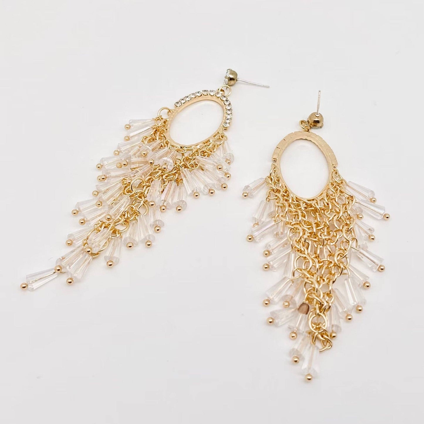 White Crystal Tassel and Rhinestone Stud Earrings