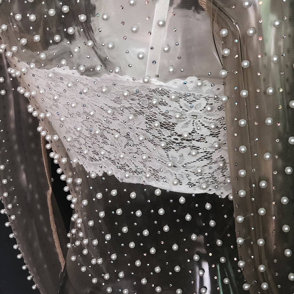 Pearl rhinestone studded sheer mesh see through T-shirt top: White / M