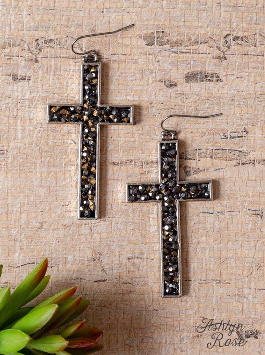 PATH TO LOVE BLACK RHINESTONE CROSS EARRINGS: Black / One Size