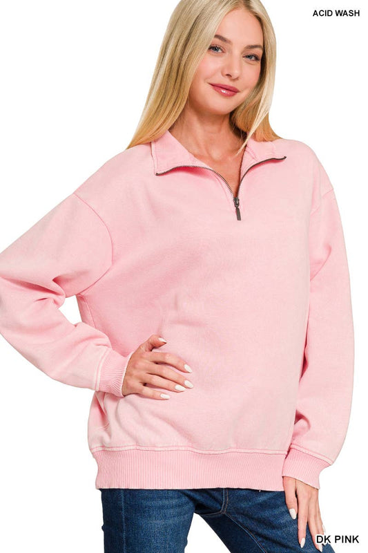 Acid Wash Fleece Half Zip Pullover: DK PINK/ L