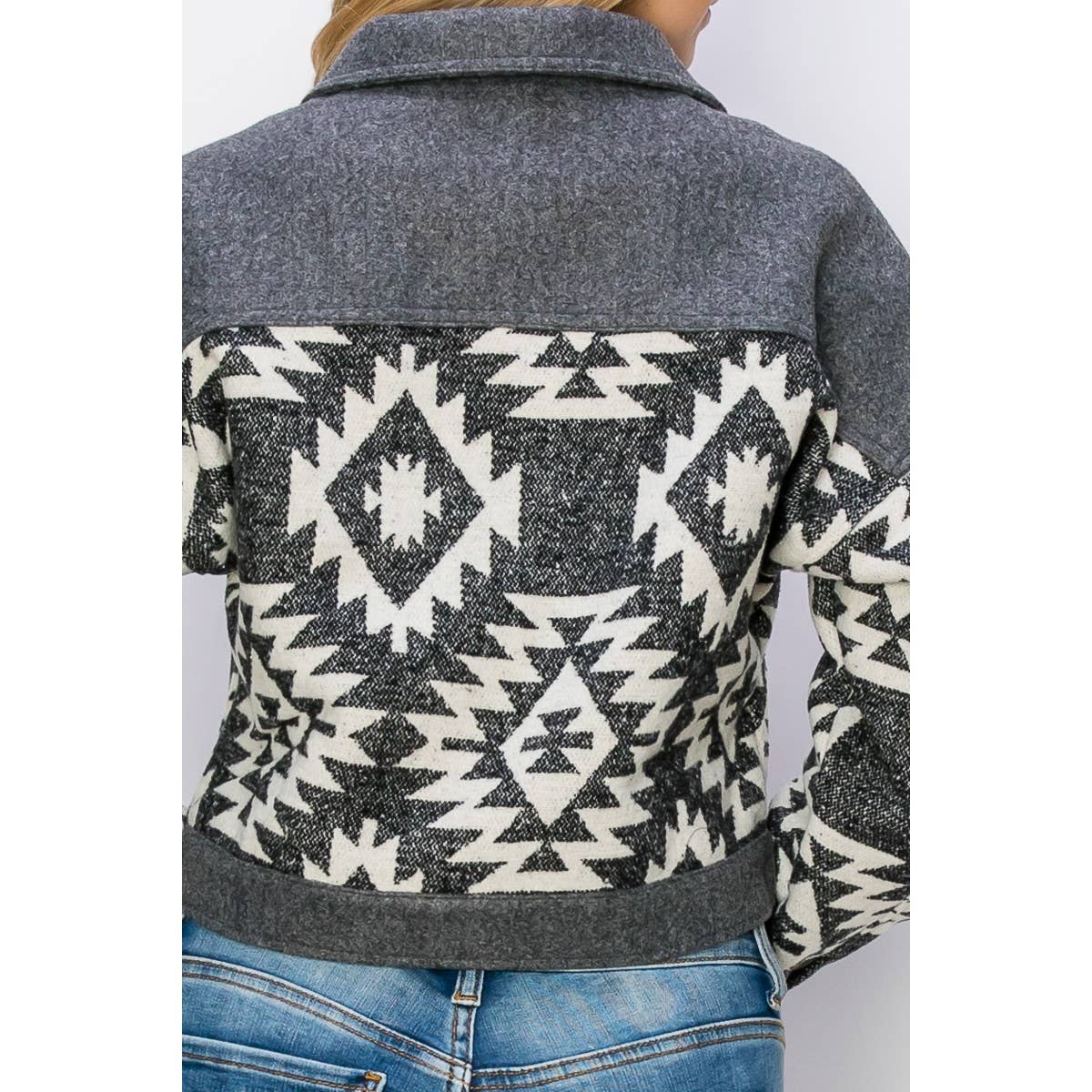 AZTEC BREAST FLAP POCKET HOLIDAY SHACKET: BLACK / L