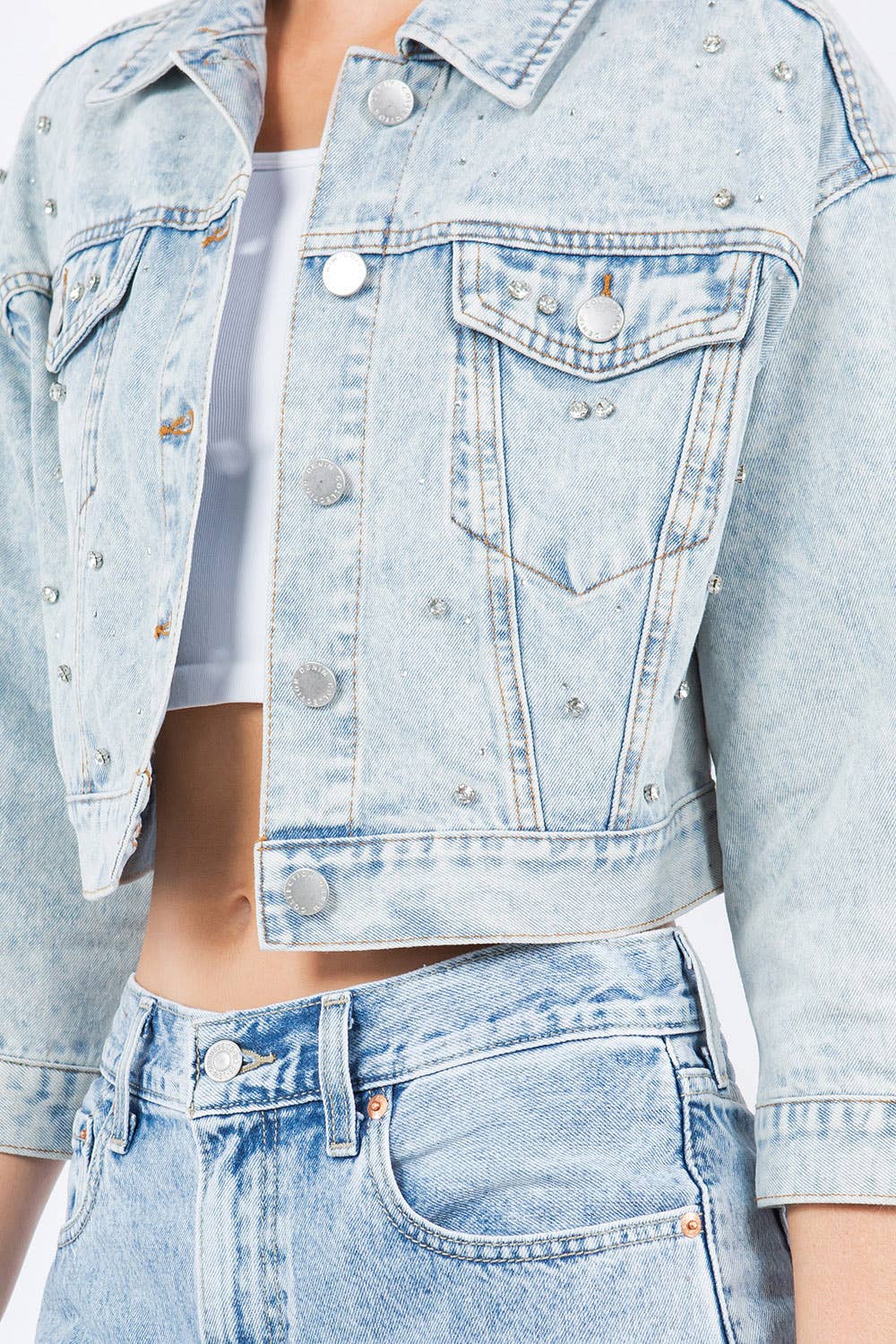Rhinestone Crop Denim Jacket: Med Wash / M
