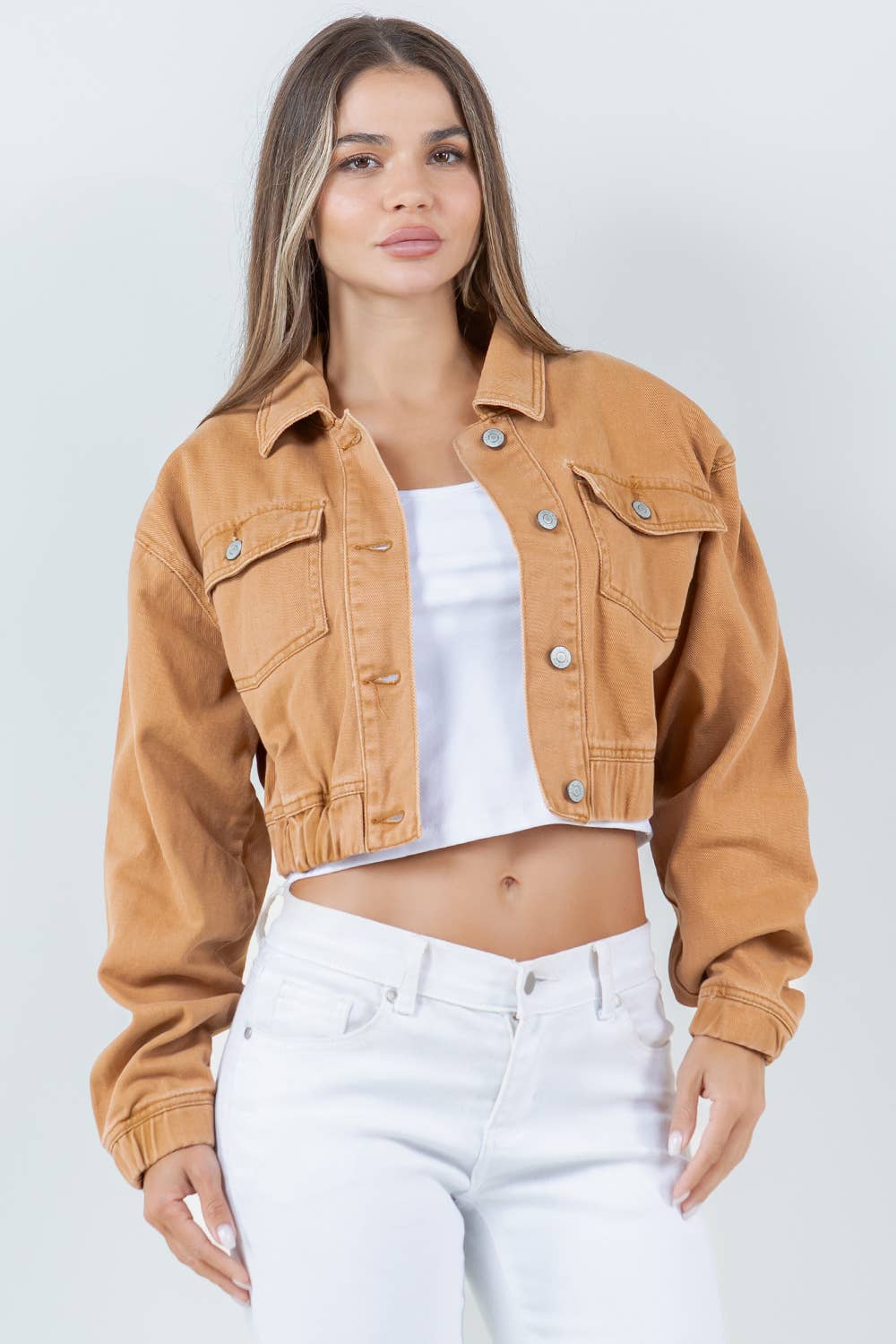 Women's Elasticated Waist Relaxed Fit Denim Jacket: TAN / M