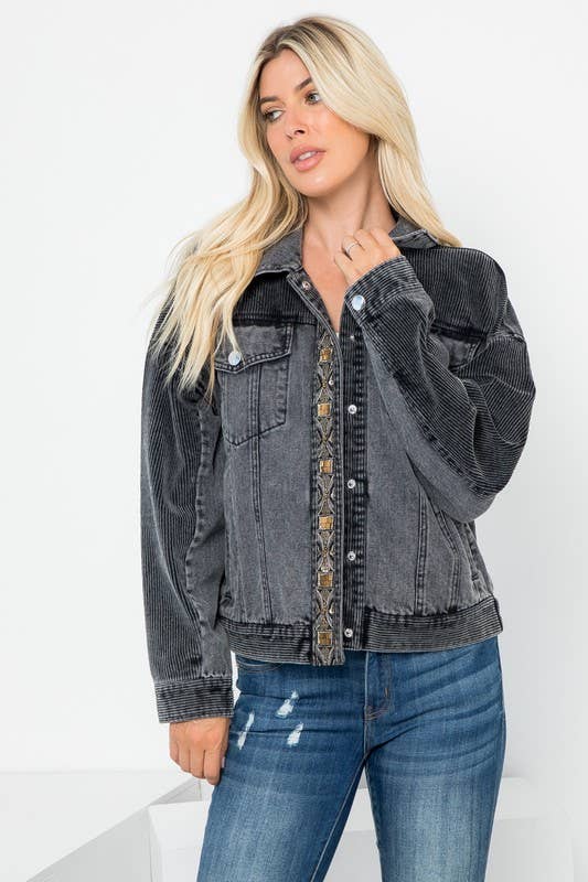 Front Beaded Trim Detail Denim Jacket