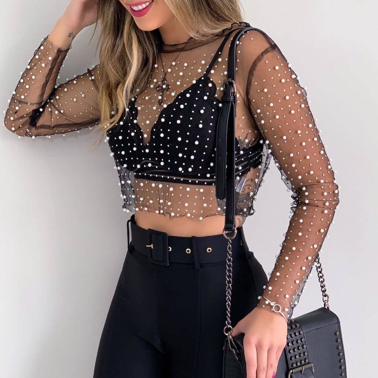 Pearl Rhinestone Studded See Through Mesh Crop Top (Black)