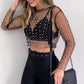 Pearl Rhinestone Studded See Through Mesh Crop Top (White)