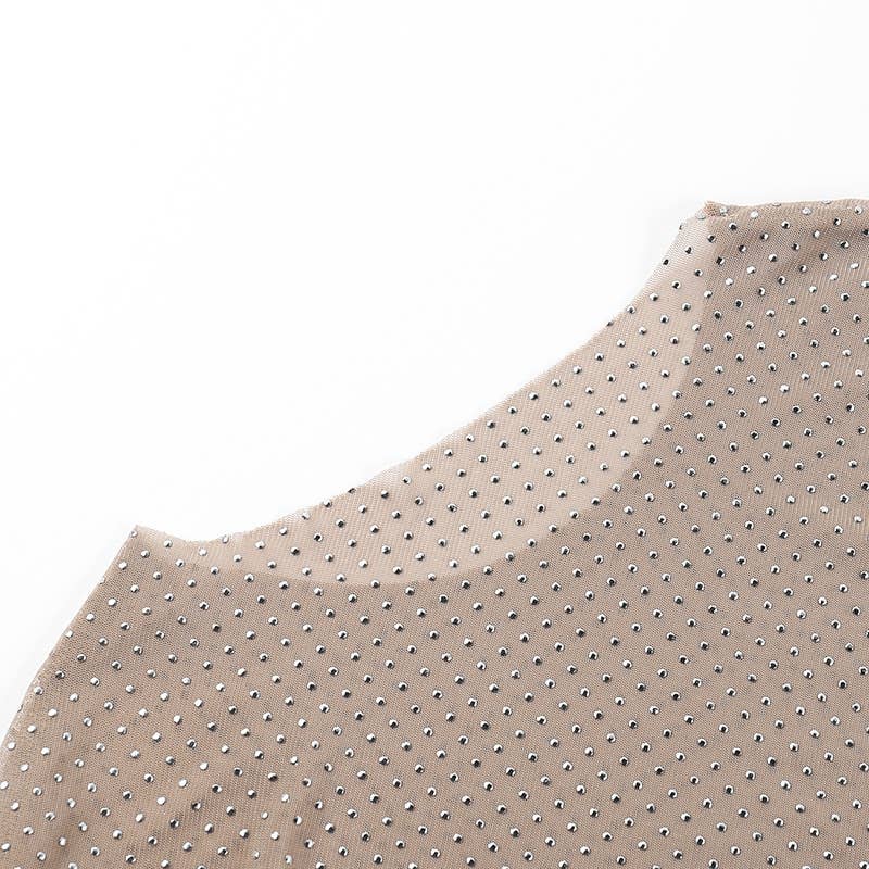 Allover Rhinestone semi sheer mesh See Through Top: Nude