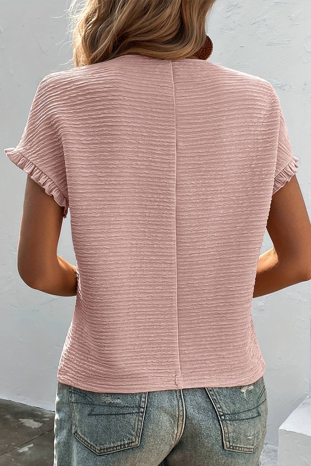 Crinkle Ruffle Short Sleeve Blouse: Light Pink / S