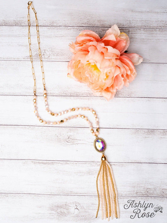 CRASH MY PARTY OVAL IRIDESCENT CRYSTAL BEADED TASSEL PENDANT ON A CRYSTAL BEADED GOLD LINKED CHAIN NECKLACE, WHITE: White / One Size