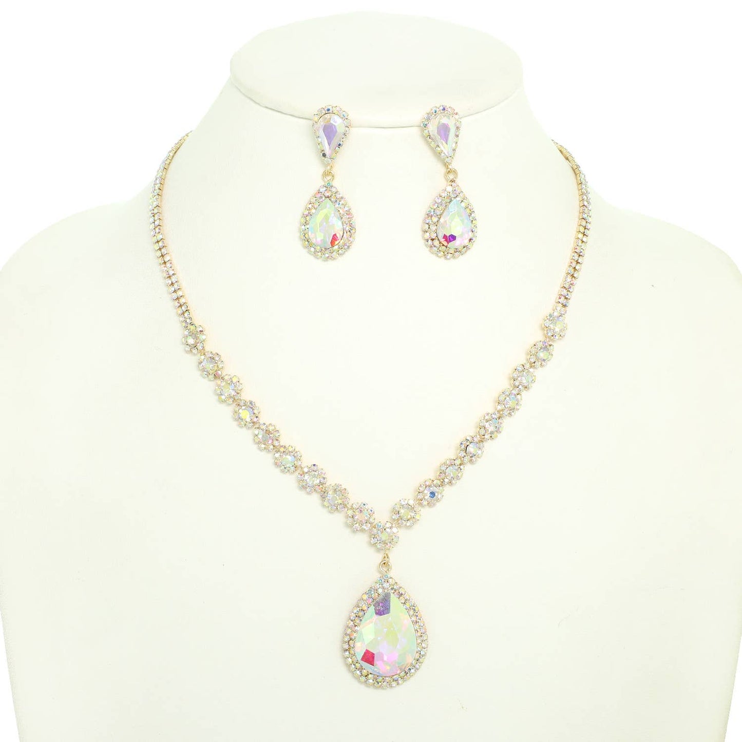 Large Rhinestone Teardrop Pendant Necklace & Earring Set: Gold Iridescent