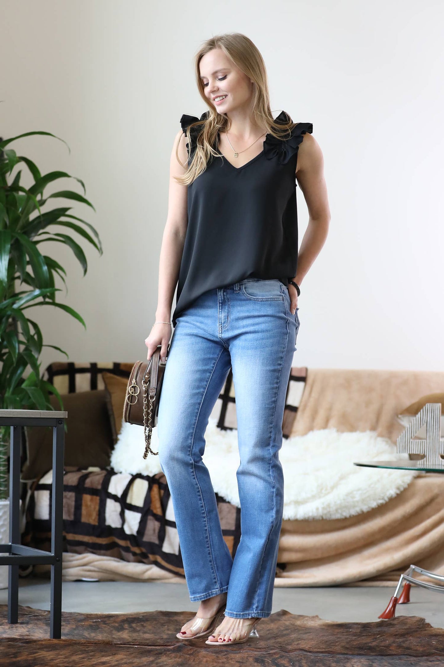 BLACK RUFFLE TRIM TANK