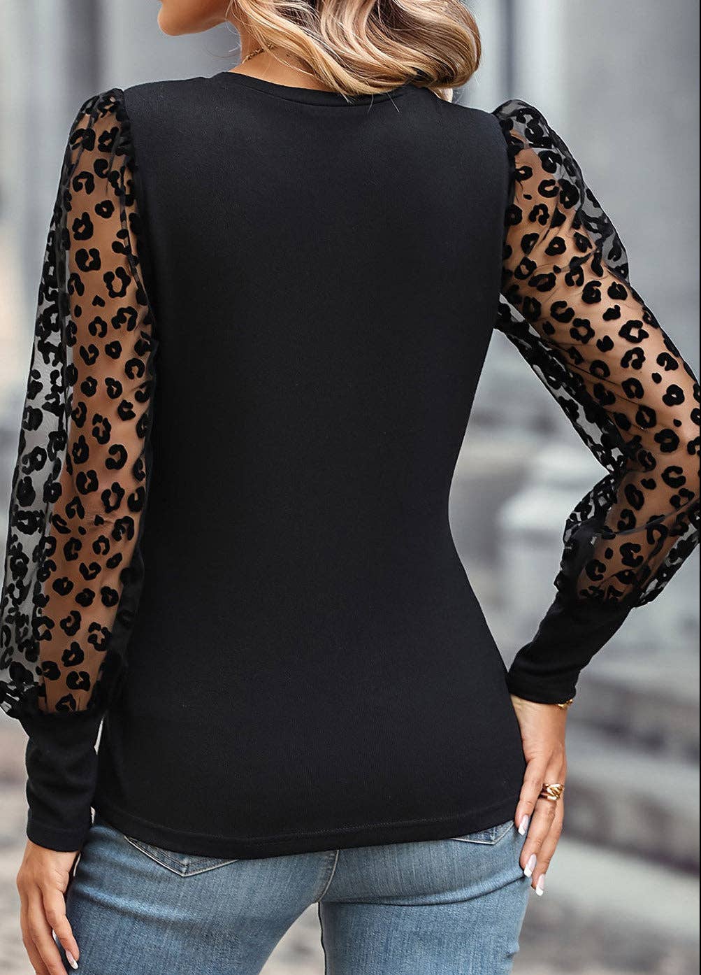 Leopard Mesh Puff Sleeve Top: Black / 100%Polyester / L