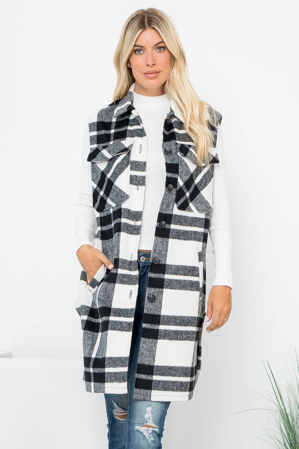 Wool Like Plaid Print Long Vest: Beige Off White