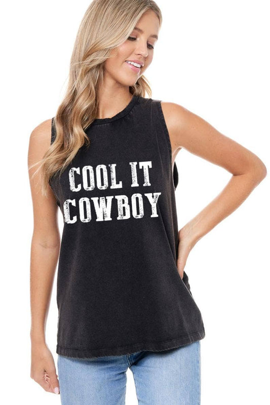 Cool It Cowboy Graphic S/L Washed Tank: L / BLACK