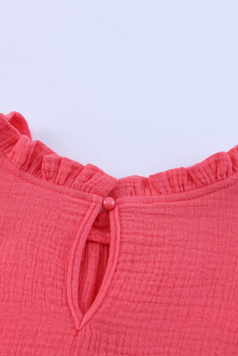 Flutter Sleeve Frilled Neck Textured Blouse: Rose / M / 100%Cotton