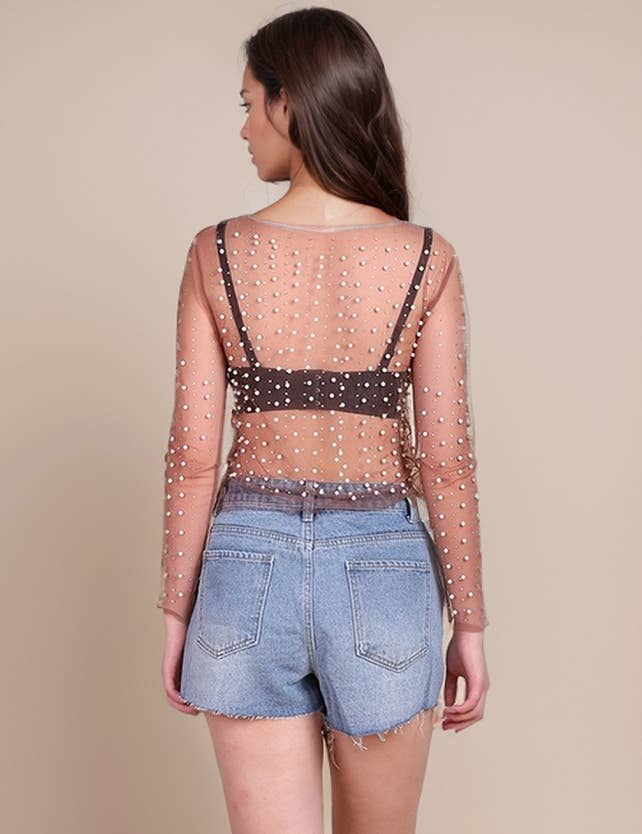 Pearl Rhinestone Studded See Through Mesh Crop Top (Black)