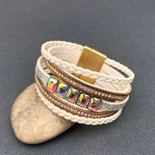 Boho Sparkling Rhinestone Multi-layer Leather Bracelet - LB: White