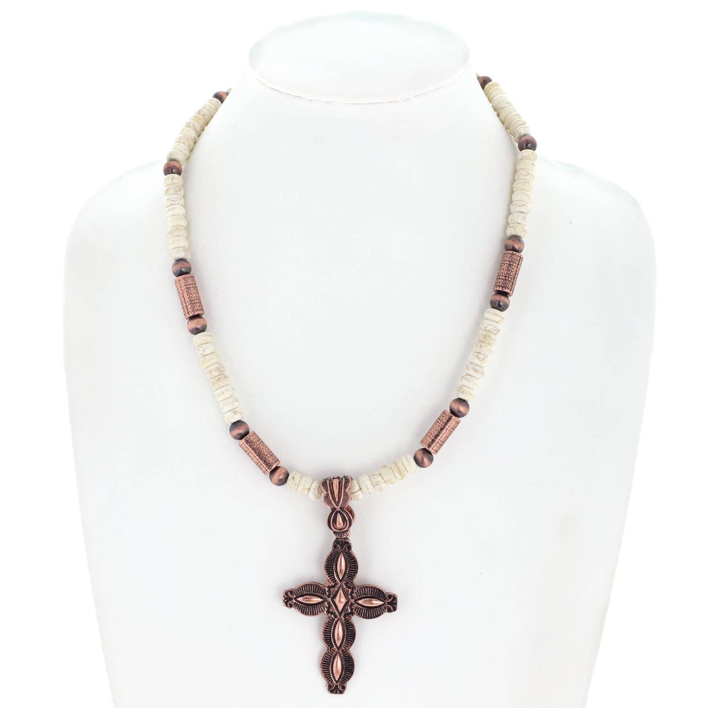 Western Cross Pendant Navajo Pearl Mix Beaded Necklace: Turquoise White