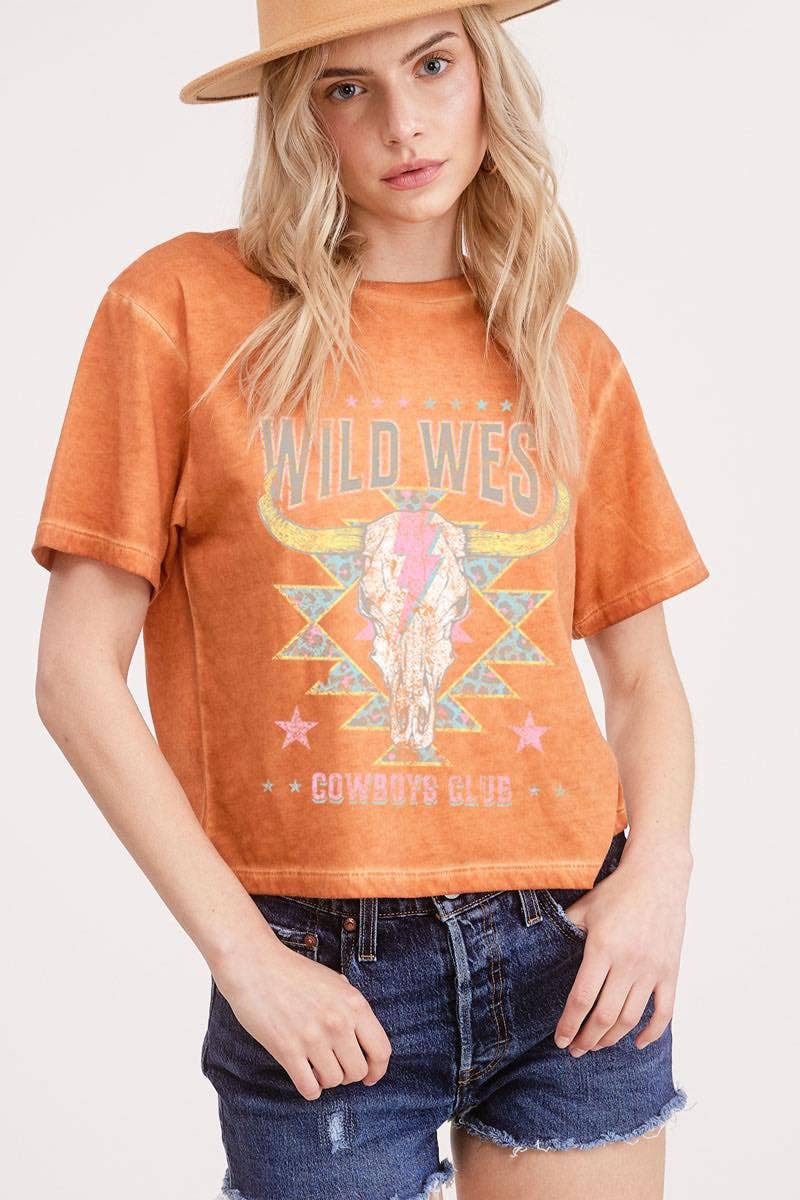 Wild West Cowboys Club Graphic S/S Lunar Dye Faux Crop: L / ORANGE