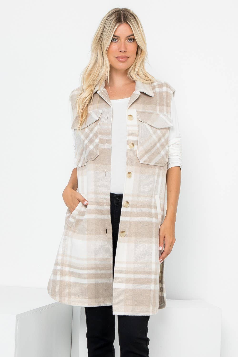 Wool Like Plaid Print Long Vest: Beige Off White