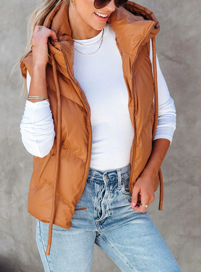 Hooded Puffer Double Slip Pocket Waistcoat: Camel