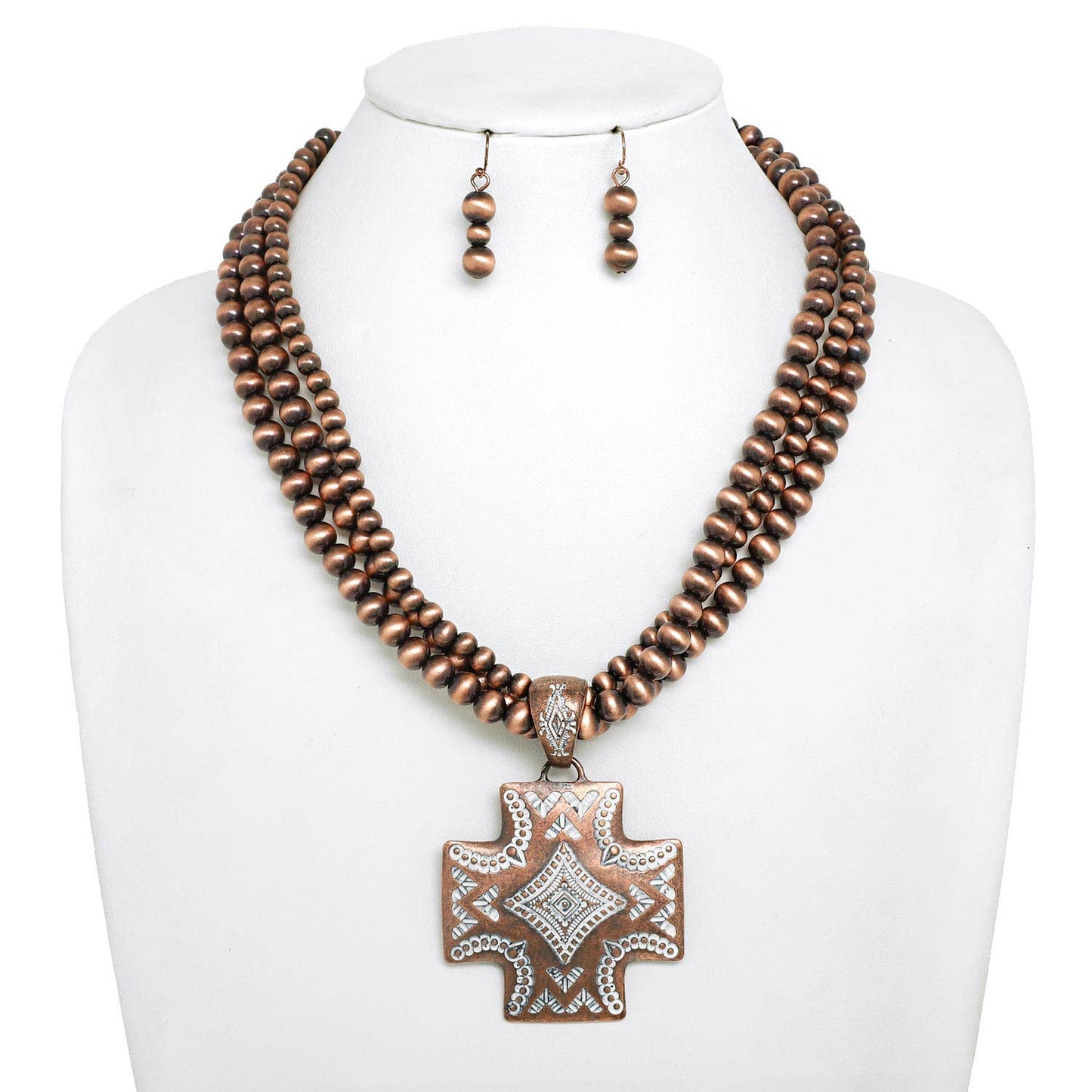 Western Navajo Pearl Beaded Cross Necklace Set: Black