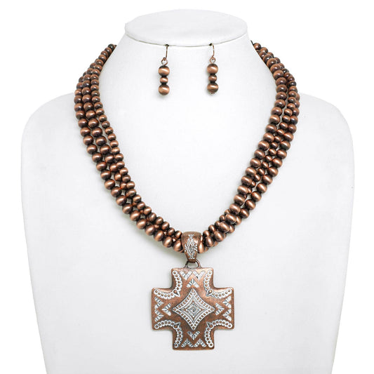 Western Navajo Pearl Beaded Cross Necklace Set: Rust