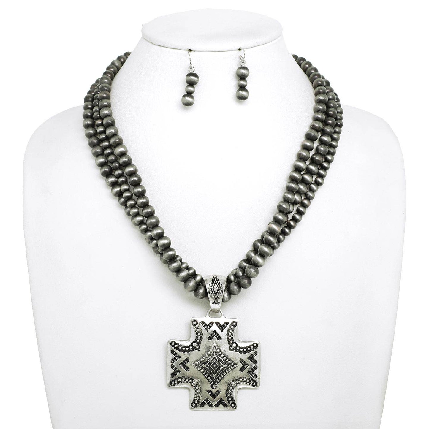 Western Navajo Pearl Beaded Cross Necklace Set: Black