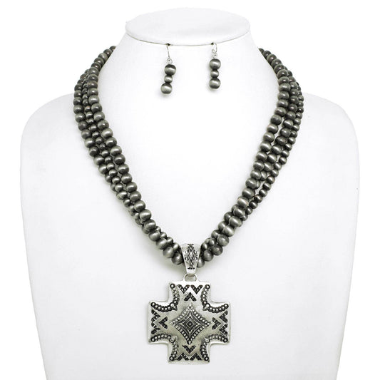 Western Navajo Pearl Beaded Cross Necklace Set: Black