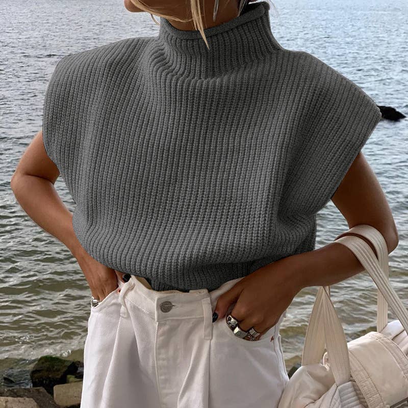 Turtleneck knit vest short sweater vest: Brown