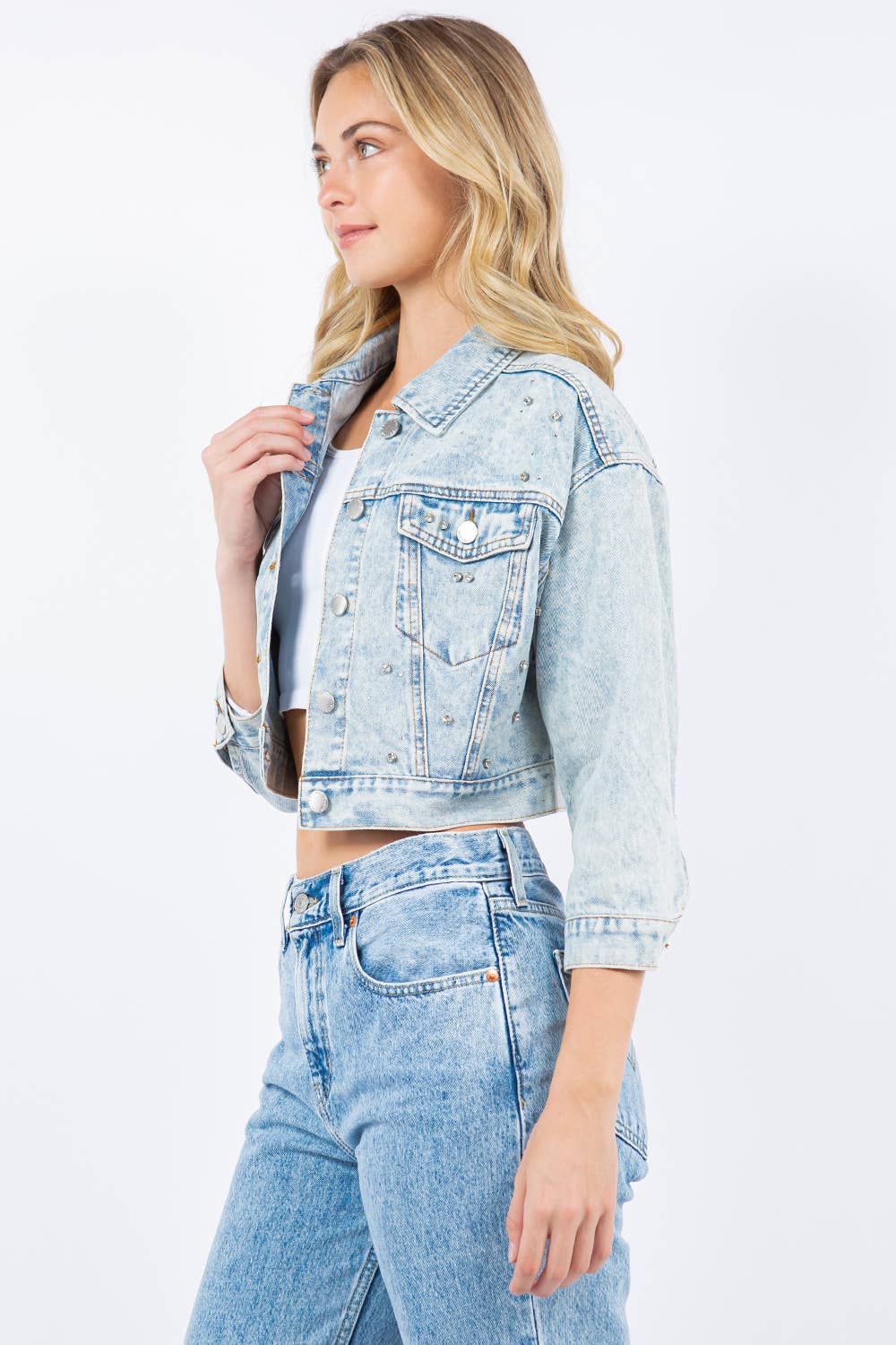 Rhinestone Crop Denim Jacket: Med Wash / M