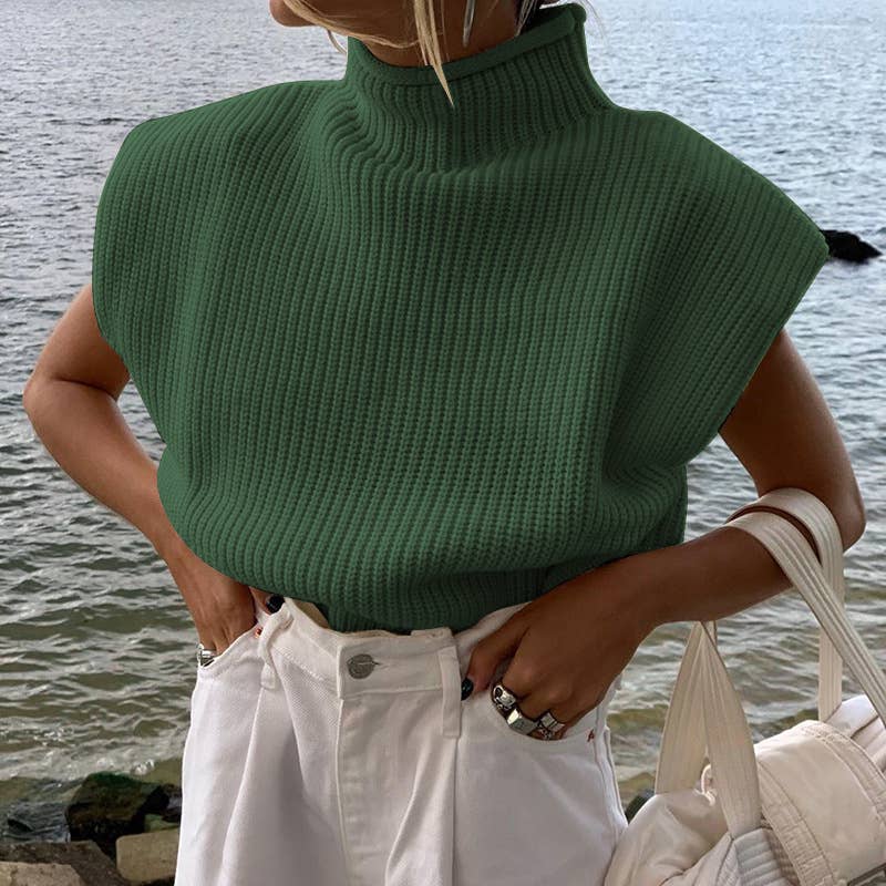 Turtleneck knit vest short sweater vest: White