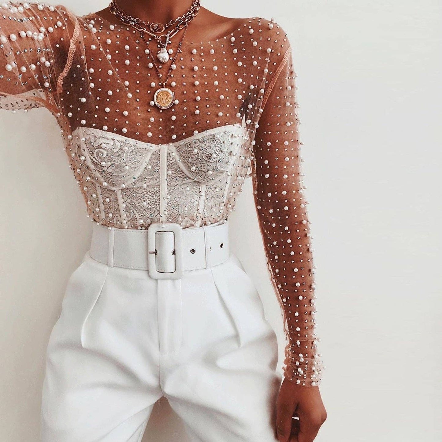 Pearl Rhinestone Studded See Through Mesh Crop Top (White)