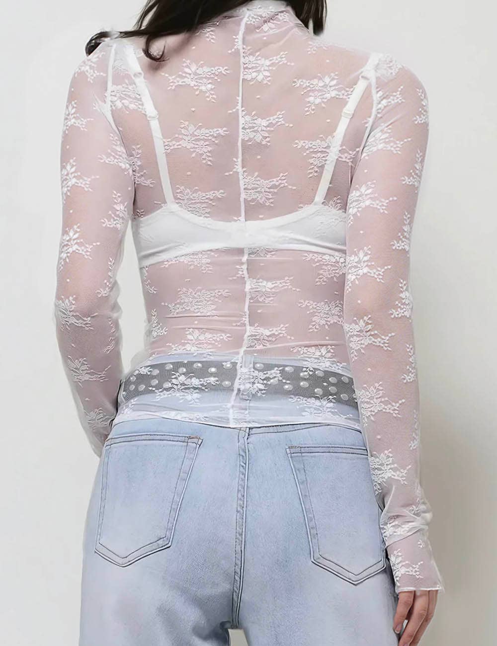 Lux Layering Floral Lace See Through Mesh Top Blouse (Lime Green)