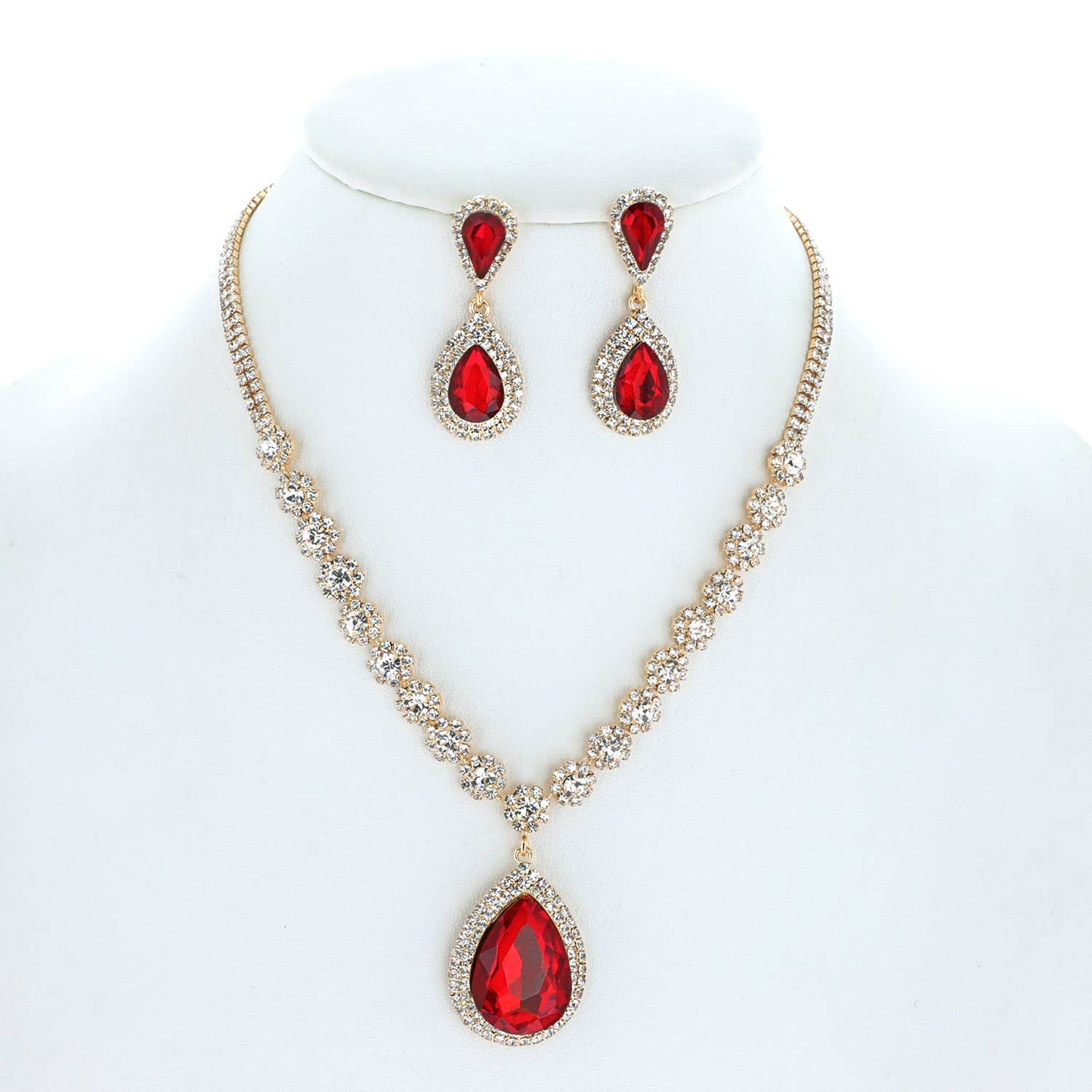 Large Rhinestone Teardrop Pendant Necklace & Earring Set: Gold Iridescent