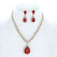 Large Rhinestone Teardrop Pendant Necklace & Earring Set: Gold Iridescent