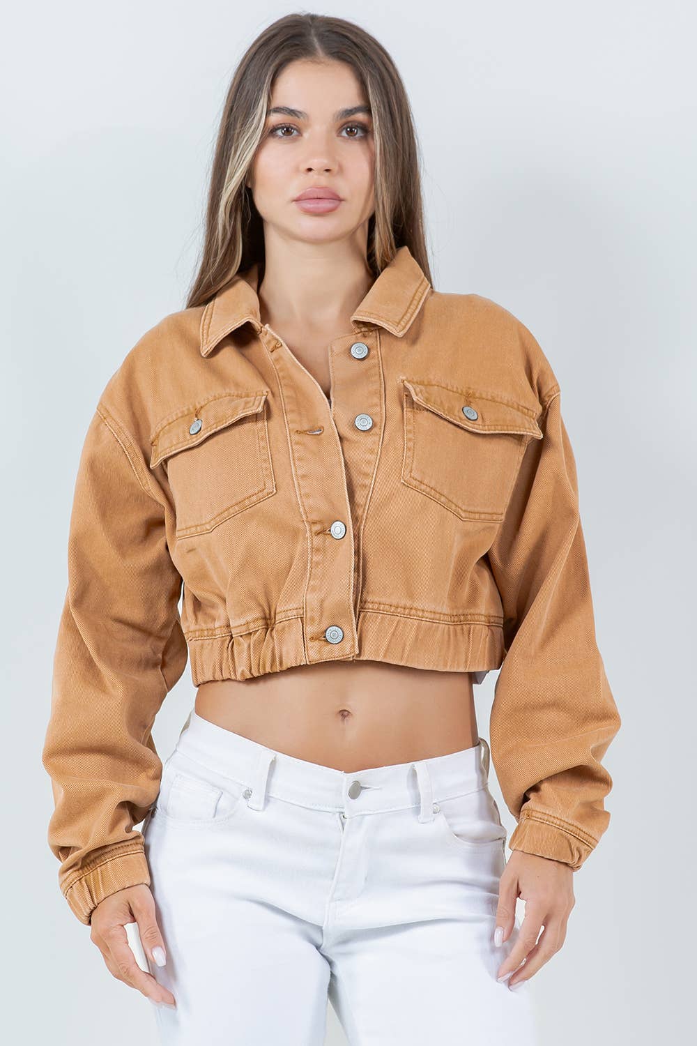 Women's Elasticated Waist Relaxed Fit Denim Jacket: TAN / M