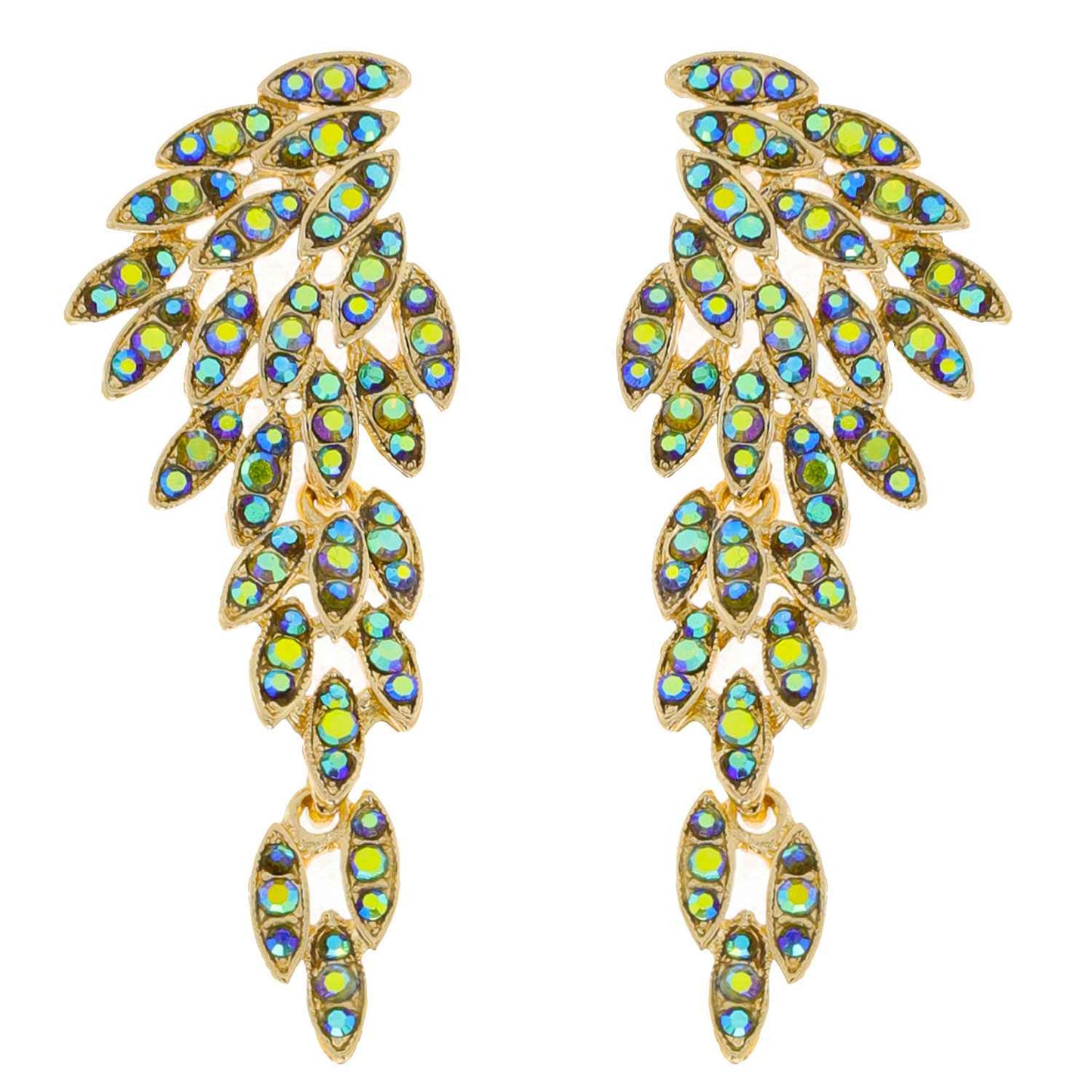 Wing Shaped Long Drop Crystal Cluster Earrings : Iridescent