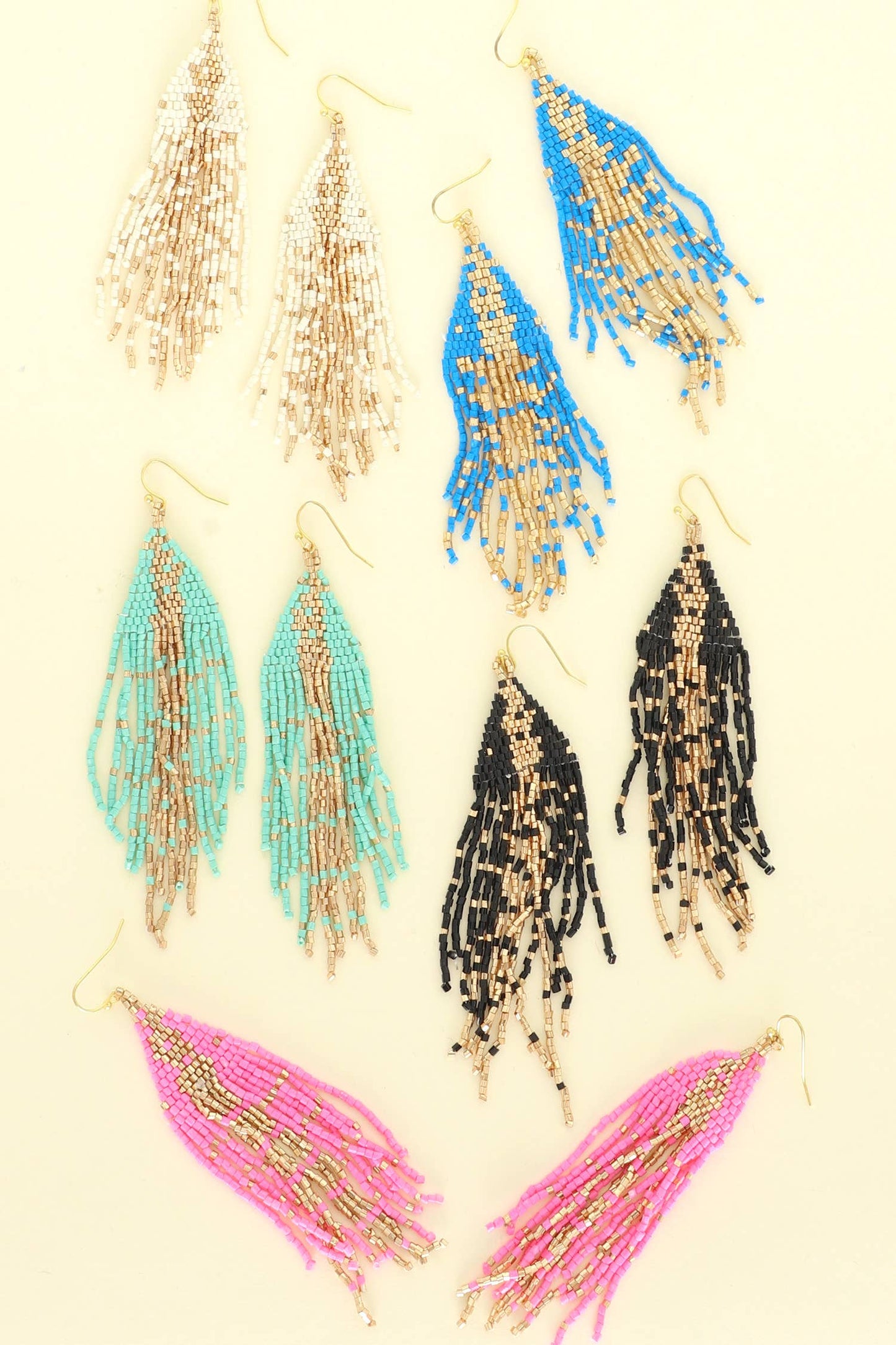 Western Native American Bead Fringe Earrings : White
