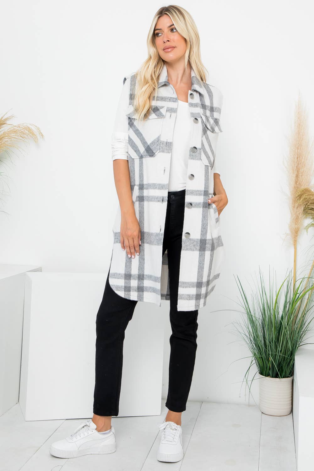 Wool Like Plaid Print Long Vest: Beige Off White