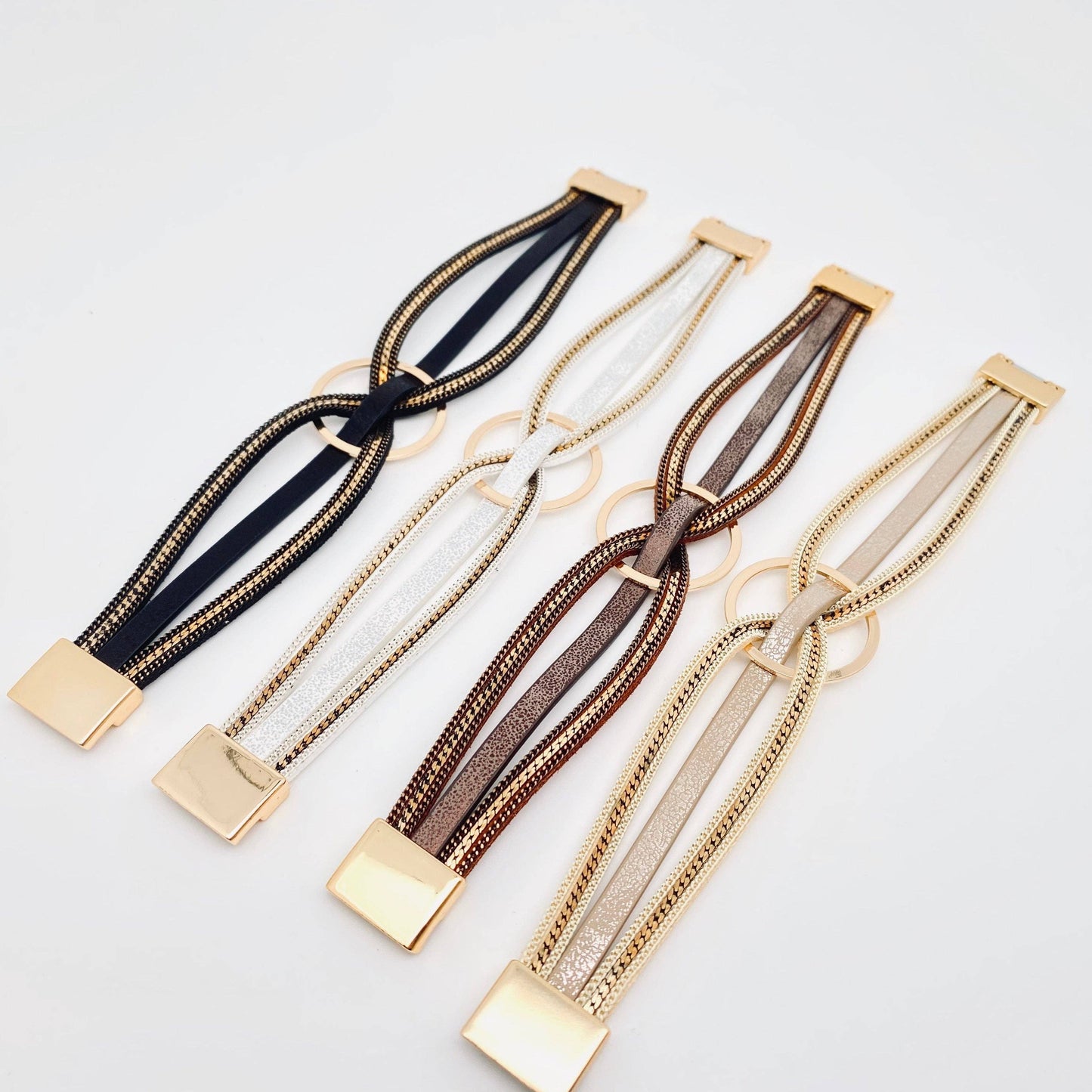 Magnetic Buckle Ring Charm Leather Bangle Bracelet - BJ/LB: Beige