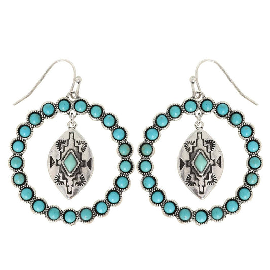 Western Turquoise Open Circle Drop Earrings: Trurquoise